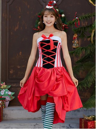 Cute Red Bow Bandage Tube Top Puffy Cake Short Dress Christmas Costume Female