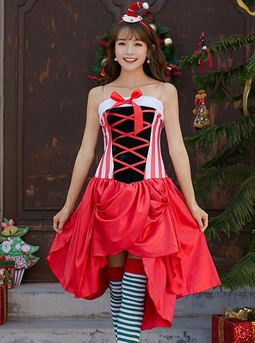 Cute Red Bow Bandage Tube Top Puffy Cake Short Dress Christmas Costume Female