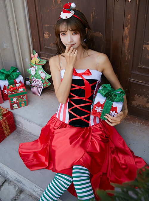 Cute Red Bow Bandage Tube Top Puffy Cake Short Dress Christmas Costume Female