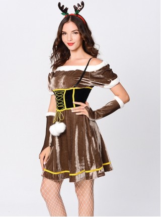 Reindeer Modeling Brown Boat Collar Short Sleeve Dress Set Christmas Prom Party Costume Female