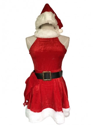 White Plush Round Collar Red Halter Sleeveless Slim Short Dress Set Christmas Costume Female