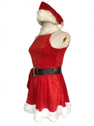 White Plush Round Collar Red Halter Sleeveless Slim Short Dress Set Christmas Costume Female