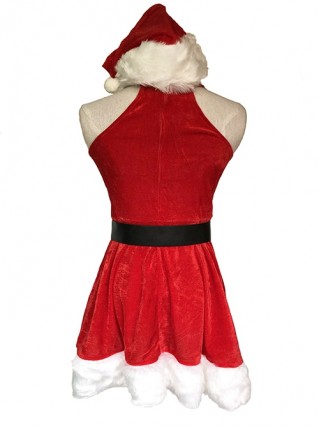 White Plush Round Collar Red Halter Sleeveless Slim Short Dress Set Christmas Costume Female