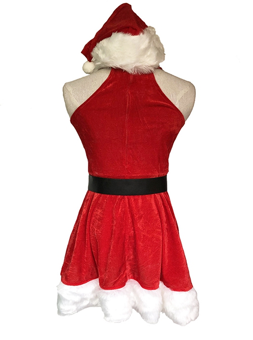 White Plush Round Collar Red Halter Sleeveless Slim Short Dress Set Christmas Costume Female