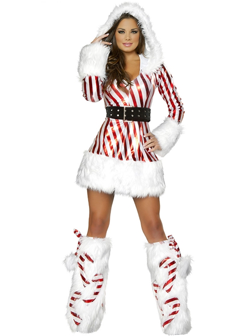 Modern Fashionable Red White Stripe Long Sleeve Hooded Slim Short Dress Set Christmas Costume Female