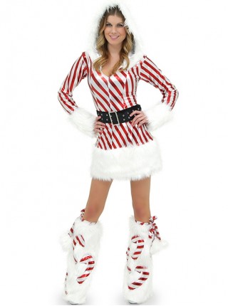 Modern Fashionable Red White Stripe Long Sleeve Hooded Slim Short Dress Set Christmas Costume Female