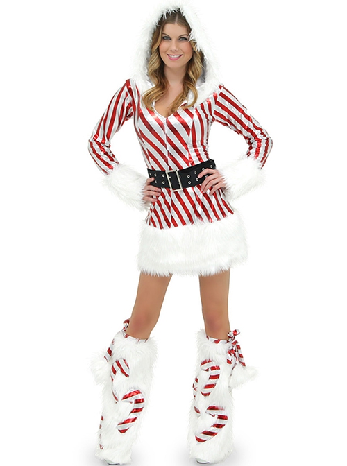 Modern Fashionable Red White Stripe Long Sleeve Hooded Slim Short Dress Set Christmas Costume Female