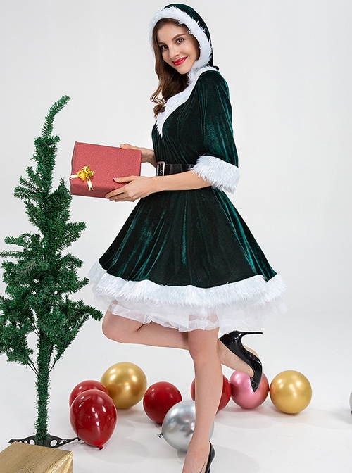 Red Green V Collar White Plush Edge Short Sleeve Lace Edge Hem Hooded Dress Simple Set Christmas Costume Female