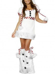Cuff Red Bow White Short Sleeve Hooded Short Dress Set Party Performance Christmas Snowman Costume Female