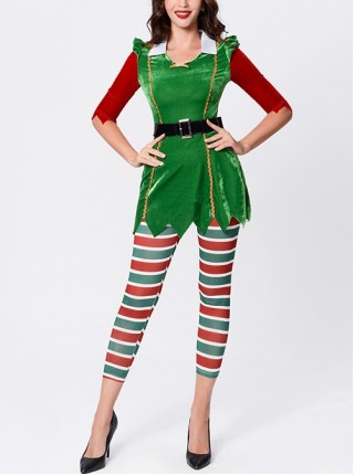 Cute Red Elbow Sleeve Green Short Dress With Leggings Suit Christmas Party Stage Costume Female