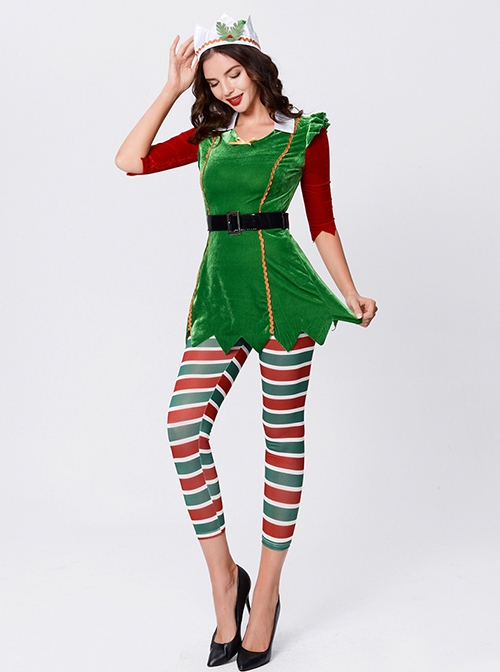 Cute Red Elbow Sleeve Green Short Dress With Leggings Suit Christmas Party Stage Costume Female