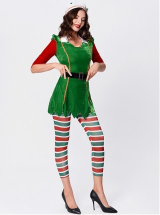 Cute Red Elbow Sleeve Green Short Dress With Leggings Suit Christmas Party Stage Costume Female