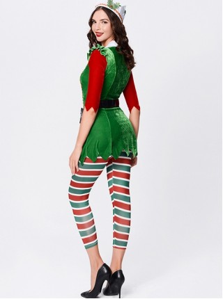 Cute Red Elbow Sleeve Green Short Dress With Leggings Suit Christmas Party Stage Costume Female