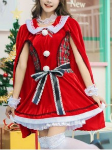 Sweet Cute Black Lace Bow Red Shawl Collar Short Dress With Cloak Set Christmas Princess Maid Costume