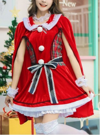 Sweet Cute Black Lace Bow Red Shawl Collar Short Dress With Cloak Set Christmas Princess Maid Costume