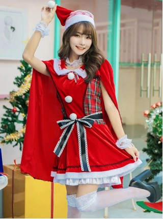 Sweet Cute Black Lace Bow Red Shawl Collar Short Dress With Cloak Set Christmas Princess Maid Costume