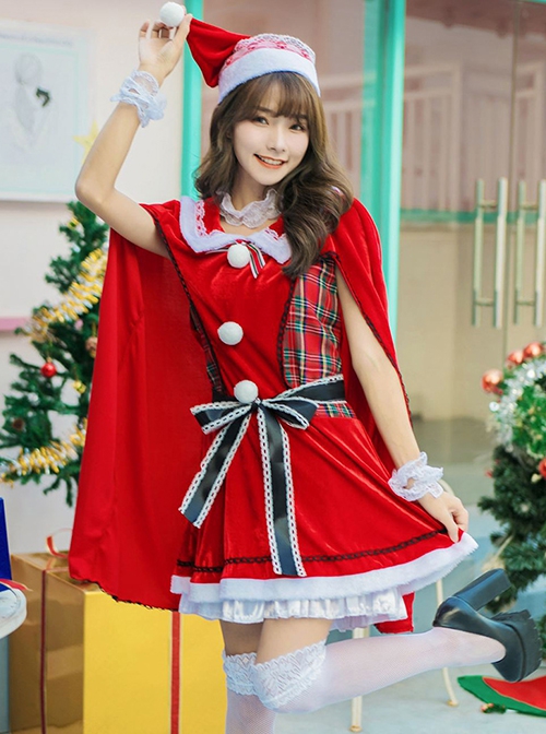 Sweet Cute Black Lace Bow Red Shawl Collar Short Dress With Cloak Set Christmas Princess Maid Costume