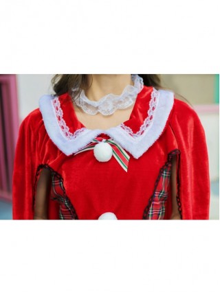 Sweet Cute Black Lace Bow Red Shawl Collar Short Dress With Cloak Set Christmas Princess Maid Costume