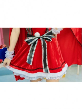 Sweet Cute Black Lace Bow Red Shawl Collar Short Dress With Cloak Set Christmas Princess Maid Costume