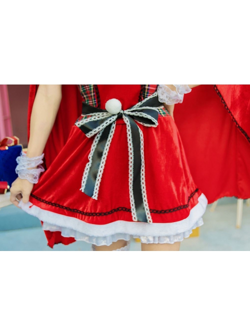 Sweet Cute Black Lace Bow Red Shawl Collar Short Dress With Cloak Set Christmas Princess Maid Costume