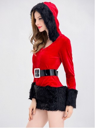 Simple Daily Red Long Sleeve Hooded Bodysuit With Belt Christmas Party Stage Performance Costume Female