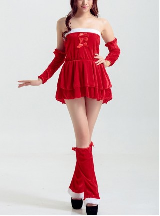 Simple Sweet Red Bow Tube Top Short Dress Set Christmas Party Costume Female