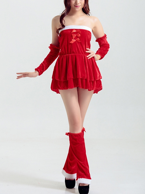 Simple Sweet Red Bow Tube Top Short Dress Set Christmas Party Costume Female