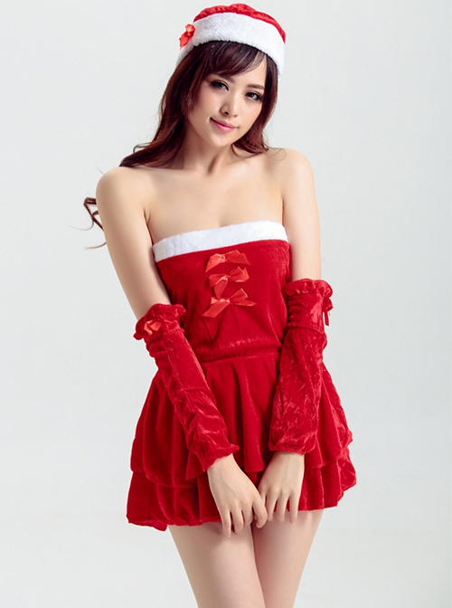 Simple Sweet Red Bow Tube Top Short Dress Set Christmas Party Costume Female