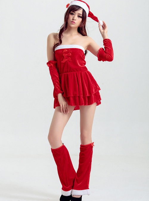 Simple Sweet Red Bow Tube Top Short Dress Set Christmas Party Costume Female