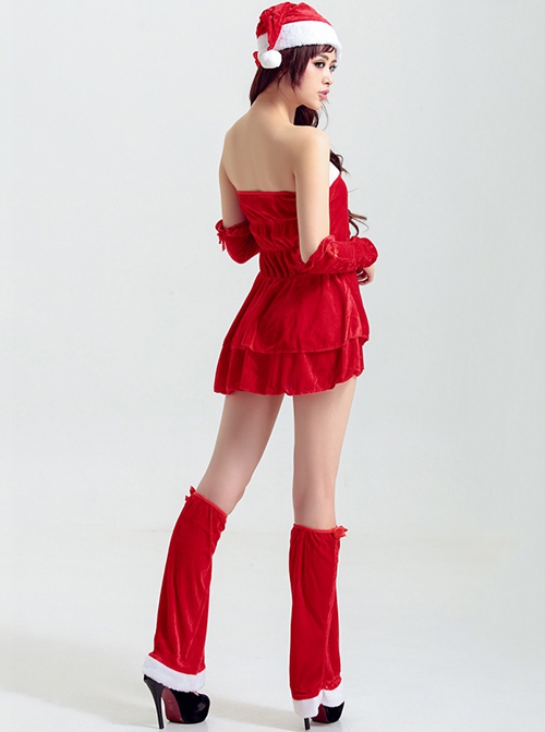 Simple Sweet Red Bow Tube Top Short Dress Set Christmas Party Costume Female