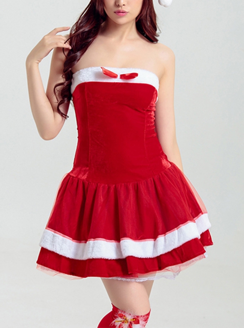 Sweet Red Bow Simple Tube Top Short Dress Set Christmas Party Costume Female
