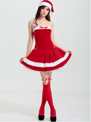 Sweet Red Bow Simple Tube Top Short Dress Set Christmas Party Costume Female