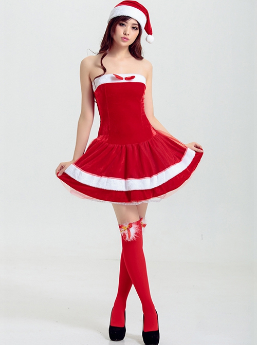 Sweet Red Bow Simple Tube Top Short Dress Set Christmas Party Costume Female