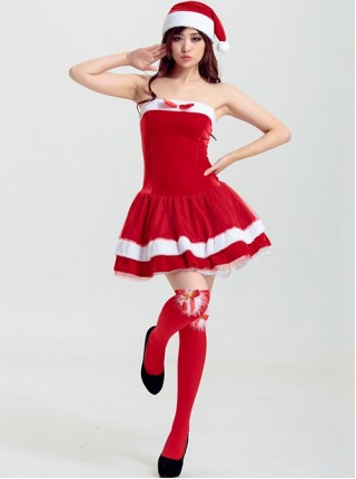 Sweet Red Bow Simple Tube Top Short Dress Set Christmas Party Costume Female