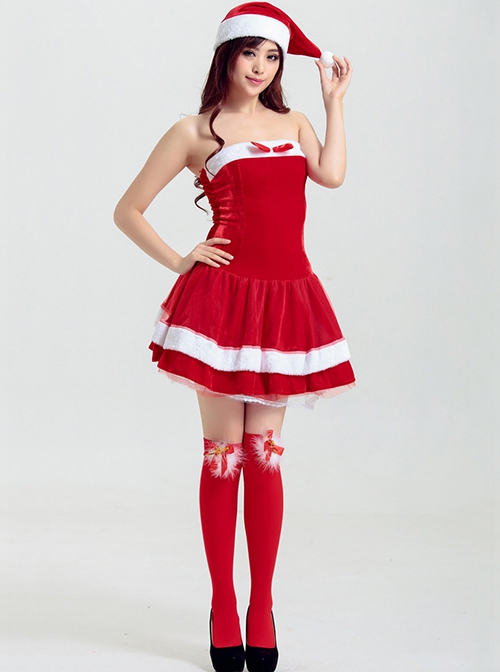 Sweet Red Bow Simple Tube Top Short Dress Set Christmas Party Costume Female