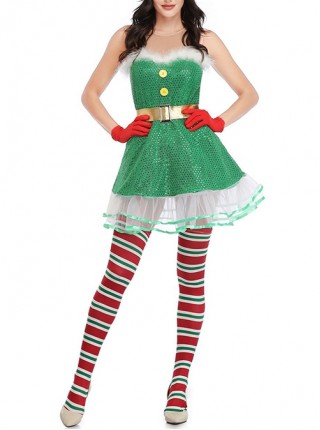 Cute Green Puffy Cake Sleeveless Short Dress Interesting Christmas Fairy Tale Style Costume Female