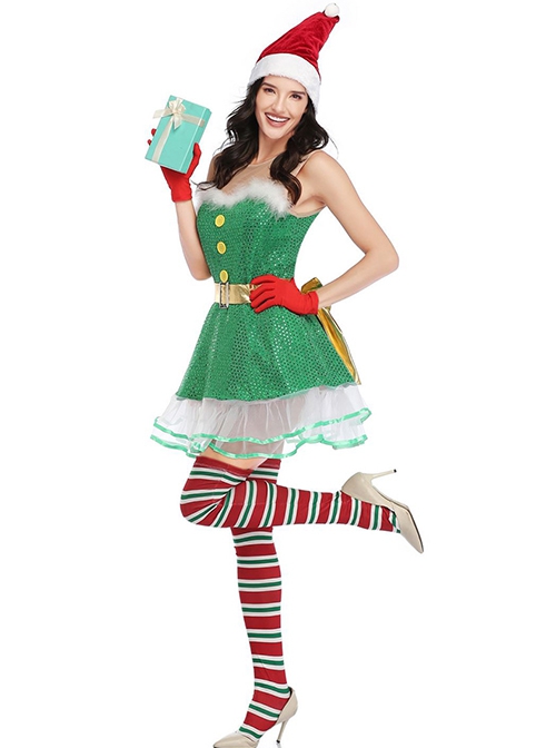 Cute Green Puffy Cake Sleeveless Short Dress Interesting Christmas Fairy Tale Style Costume Female