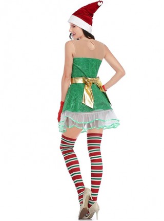 Cute Green Puffy Cake Sleeveless Short Dress Interesting Christmas Fairy Tale Style Costume Female