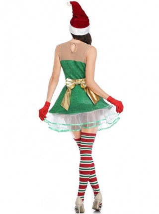 Cute Green Puffy Cake Sleeveless Short Dress Interesting Christmas Fairy Tale Style Costume Female