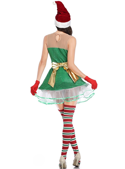 Cute Green Puffy Cake Sleeveless Short Dress Interesting Christmas Fairy Tale Style Costume Female