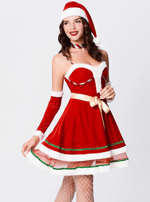 Cute Red Puffy Cake Waist Yellow Ribbon Sling Short Dress Set Christmas Performance Costume Female