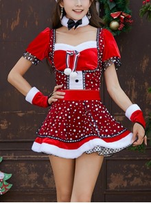 Sweet Cute Black Bow Plush Collar Red Short Sleeve Top White Snowflake Polka Dots Skirt Set Christmas Party Dating Costume Female