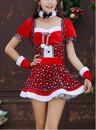 Sweet Cute Black Bow Plush Collar Red Short Sleeve Top White Snowflake Polka Dots Skirt Set Christmas Party Dating Costume Female