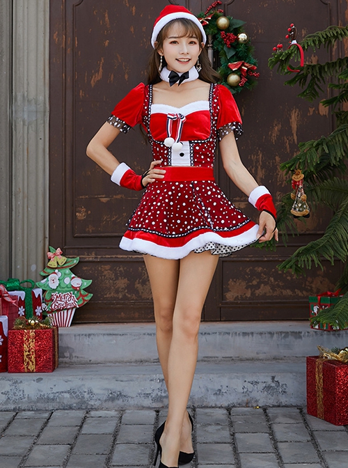 Sweet Cute Black Bow Plush Collar Red Short Sleeve Top White Snowflake Polka Dots Skirt Set Christmas Party Dating Costume Female