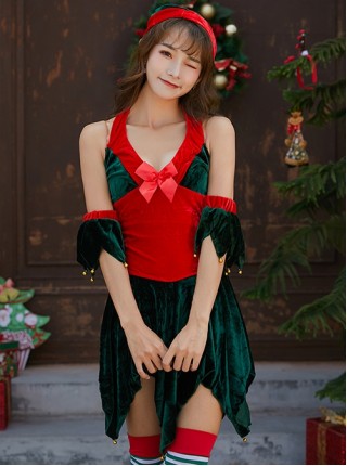 Cute Red Bow Low Collar Dark Green Irregular Split Hem Halter Short Dress Set Christmas Performance Costume Female