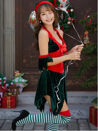 Cute Red Bow Low Collar Dark Green Irregular Split Hem Halter Short Dress Set Christmas Performance Costume Female