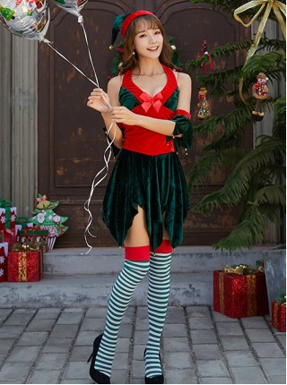 Cute Red Bow Low Collar Dark Green Irregular Split Hem Halter Short Dress Set Christmas Performance Costume Female