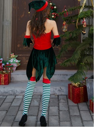 Cute Red Bow Low Collar Dark Green Irregular Split Hem Halter Short Dress Set Christmas Performance Costume Female