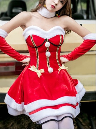 Cute Yellow Mesh Bow Headband Red Tube Top Short Dress Set Christmas Bar Party Performance Costume Female
