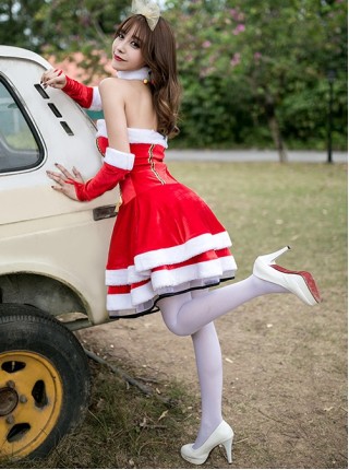 Cute Yellow Mesh Bow Headband Red Tube Top Short Dress Set Christmas Bar Party Performance Costume Female